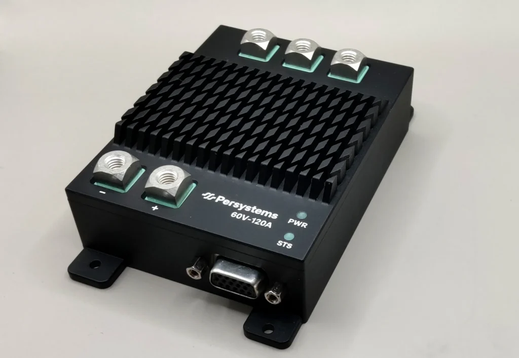 INV-60V-120A inverter: black housing with cooling fins, three phase terminals, DC terminals and 15-pin D-sub connector